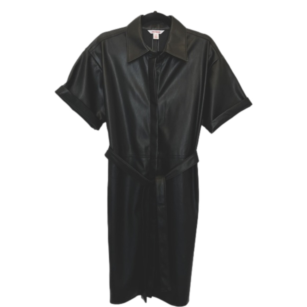 JOE Fresh (L) Black Vegan Faux Leather Dress Short Sleeve Shirtdress